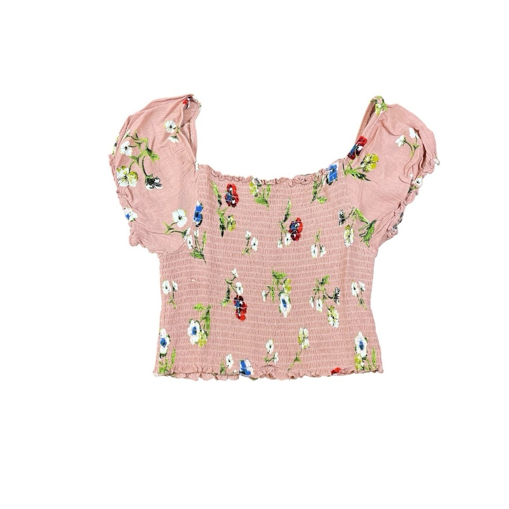 Ambiance Pink Floral Smocked Puff Sleeve Crop Top Size M -Ruched Stretchy Blouse